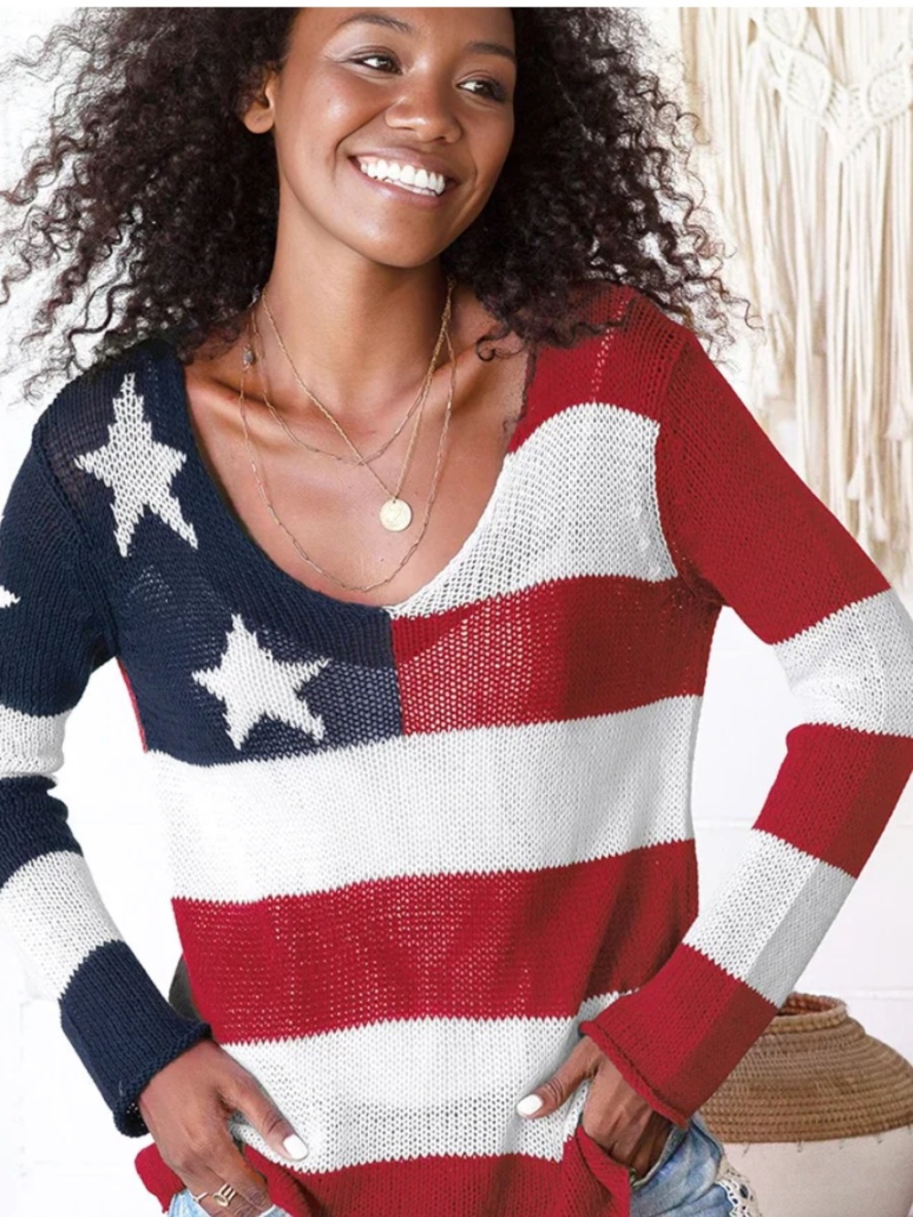 PATRIOTIC Flag Red White Blue Star Striped V-Neck Summer Sweater XL NIB